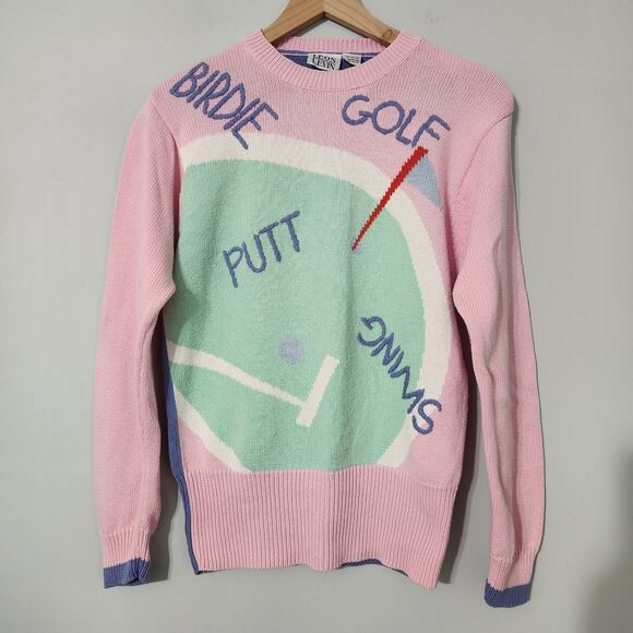Vintage Leon Levine Pastel Golf Cotton Crewneck Sweater Birdie Swing Putt, S - Picture 1 of 7